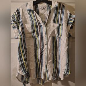 Tribal Striped Button-Front Blouse in White, Blue & Yellow